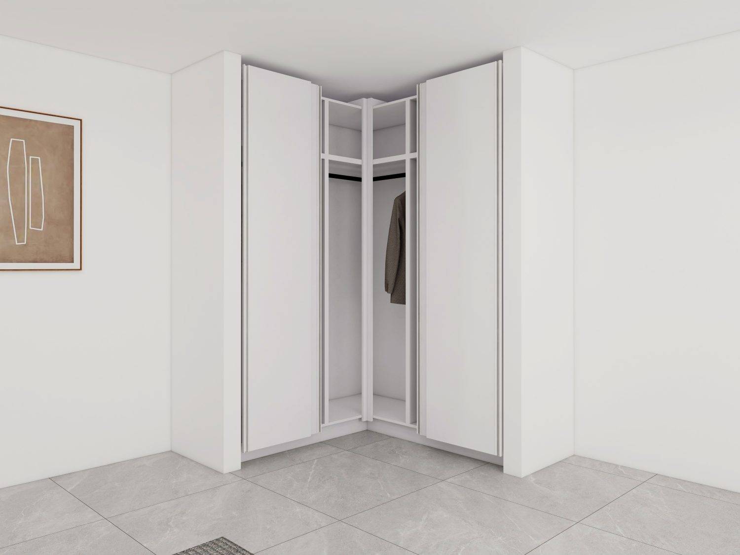 Wardrobe designs for small bedroom utilizing corner space with shelves