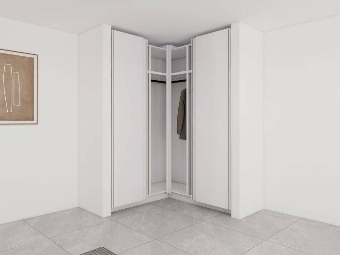 Wardrobe designs for small bedroom utilizing corner space with shelves