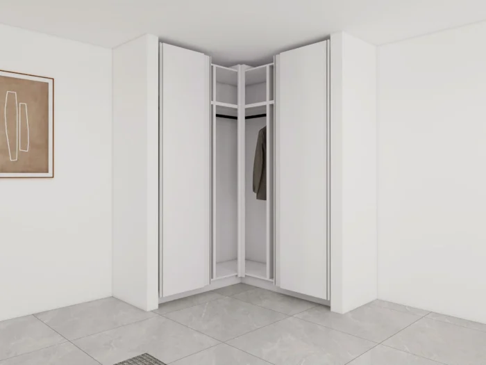 20 ideas creativas de diseño de armarios para el dormitorio 4 Diseños de armarios para dormitorios pequeños que aprovechan el espacio de las esquinas con estantes.