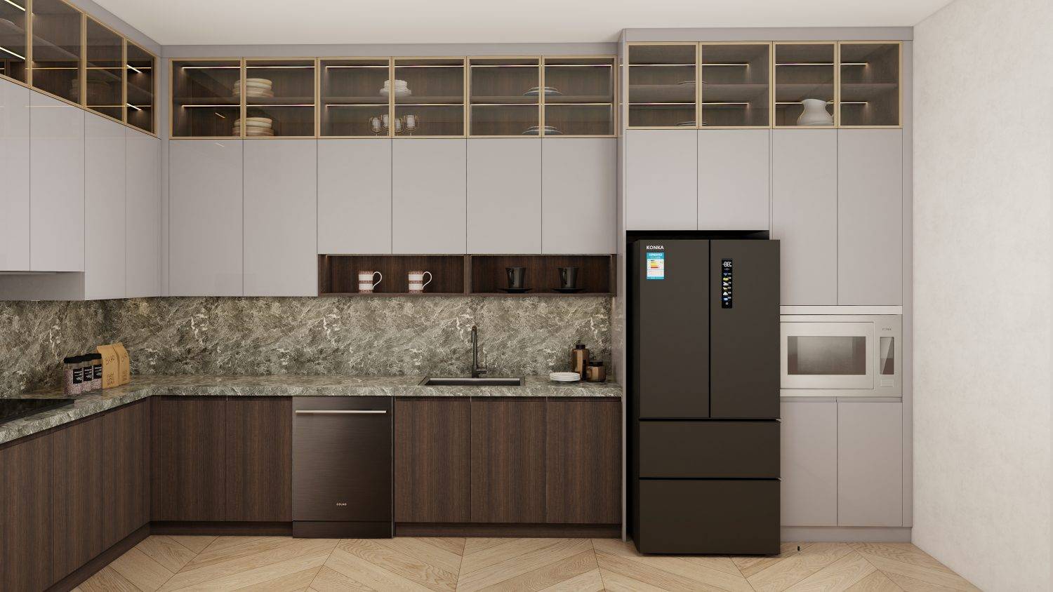 Greige kitchen cabinets with glass inserts, dark wood lower cabinets, and a marble backsplash for a modern, airy design