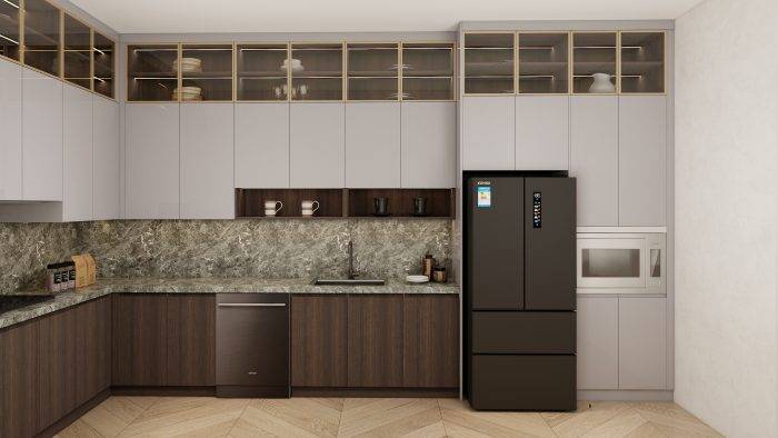 Greige kitchen cabinets with glass inserts, dark wood lower cabinets, and a marble backsplash for a modern, airy design