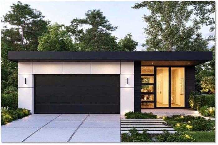 Modern home exterior with a sleek, black garage door and contemporary architectural design, complemented by stylish landscaping and clean lines.