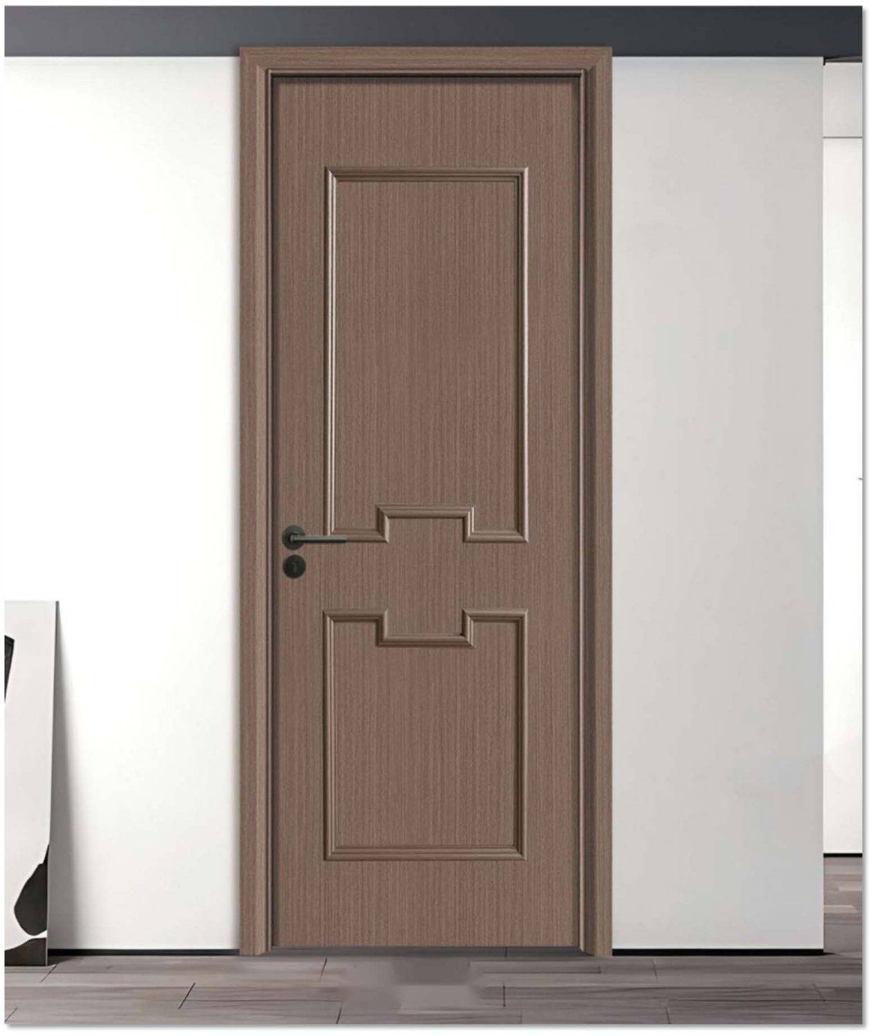 Modern laminated decorative door with a unique geometric panel design in a warm wood tone, perfect for contemporary interiors.