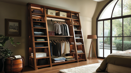Modern wardrobe designs for bedroom featuring open shelving with ladder-style frame