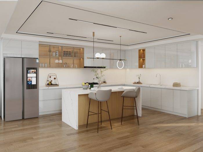 High-gloss greige kitchen cabinets with marble countertops, glass inserts, and modern lighting for a sleek, contemporary design