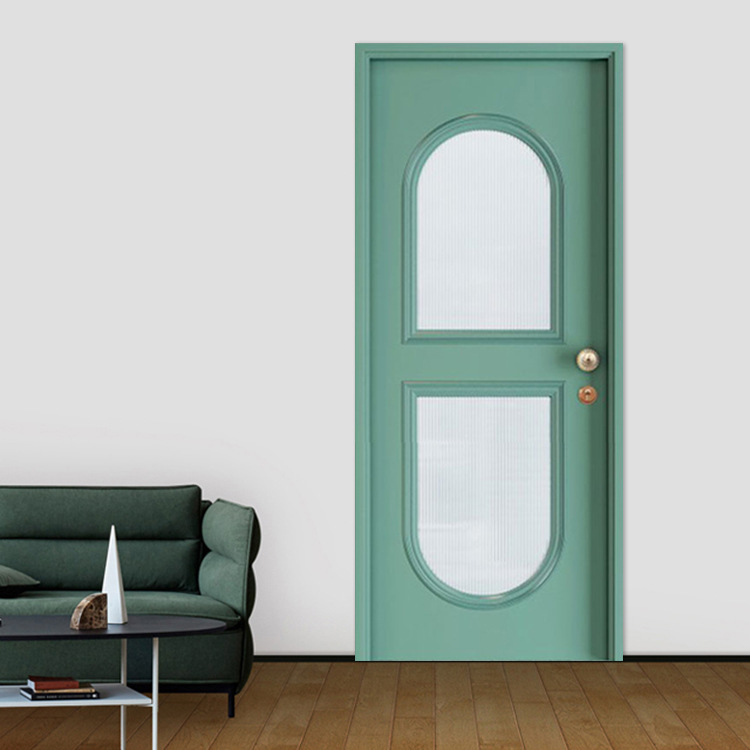 Modern laminated glass door in a unique mint green color, featuring dual arched glass panels and metallic hardware, enhancing contemporary interiors with a stylish and airy design.