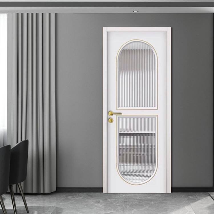 Elegant laminated glass door with an arched and rectangular dual-panel design, featuring a white frame and gold hardware in a modern interior setting.