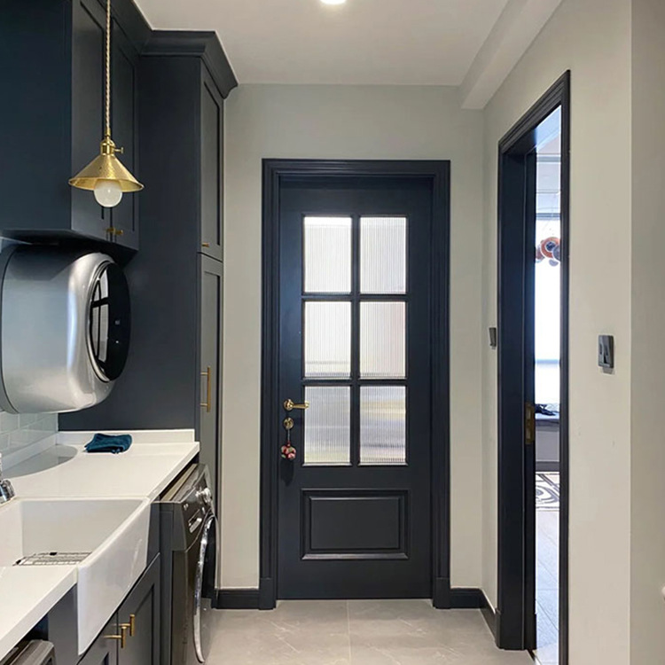 Elegant black laminated glass door with six glass panels, enhancing a modern kitchen space. Designed for durability, style, and optimal light diffusion.