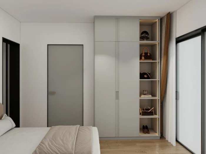 20 ideas creativas de diseño de armarios para el dormitorio 7 Diseños de armarios para dormitorio con estanterías abiertas para facilitar el acceso a la ropa.