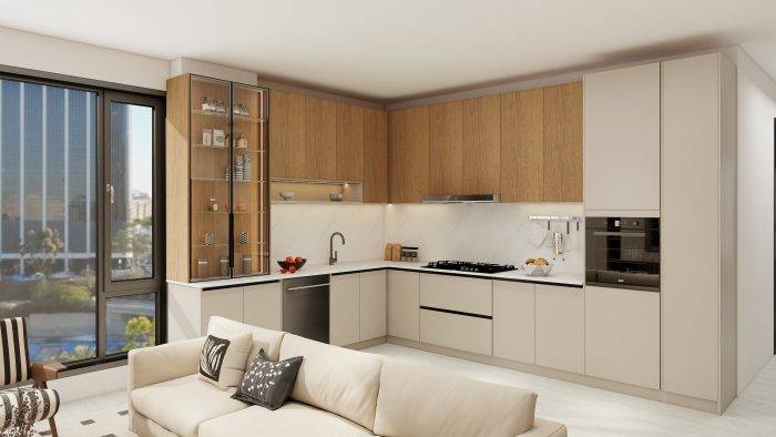 Rustic wood and greige kitchen cabinets with a modern design, featuring a glass display cabinet and white countertops