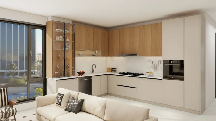 25 ideas inspiradoras de gabinetes de cocina en tonos greige para realzar tu hogar 8 Gabinetes de cocina de madera rústica y color grisáceo con un diseño moderno, que incluyen una vitrina de vidrio y encimeras blancas.