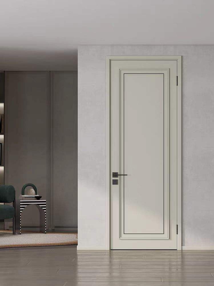 Cream white painted ecological door with elegant panel detailing, set in a modern interior with a neutral color scheme.