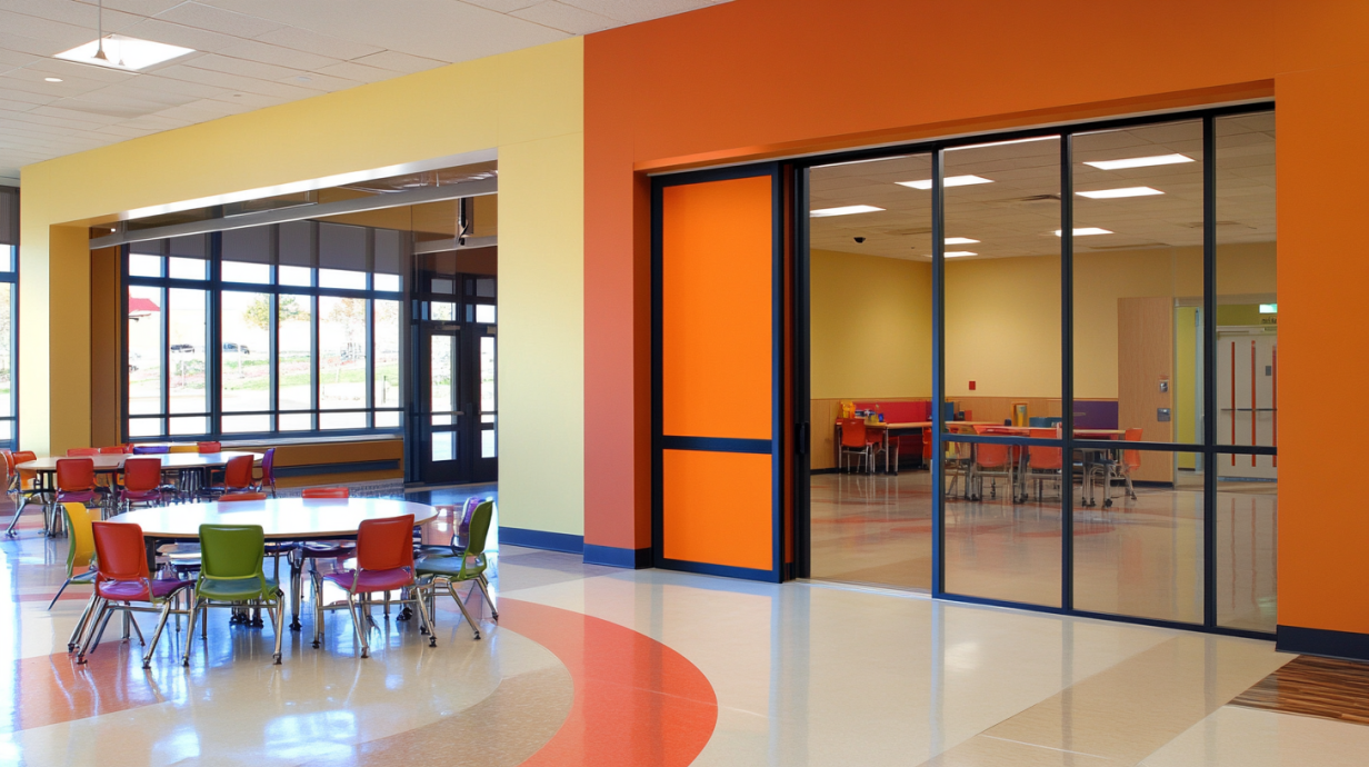 Black Aluminum Framed Pocket sliding Door in the school