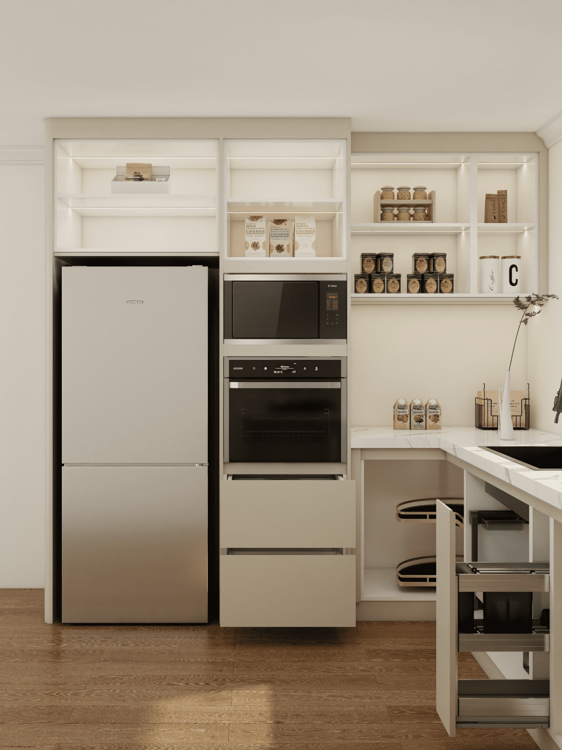 Efficient and modern luxury kitchen cabinets with concealed storage, showcasing luxury cabinet hardware