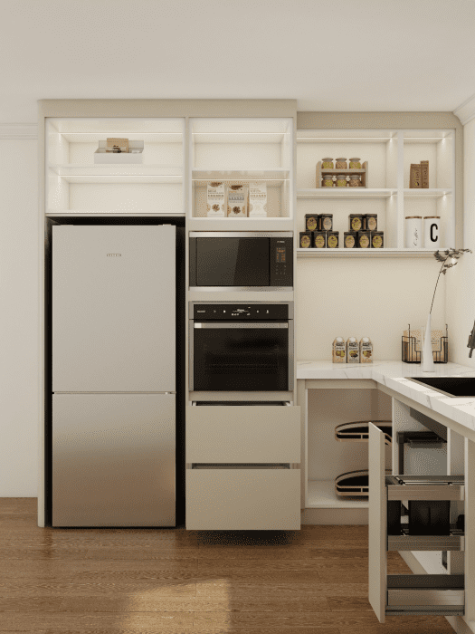 Efficient and modern luxury kitchen cabinets with concealed storage, showcasing luxury cabinet hardware