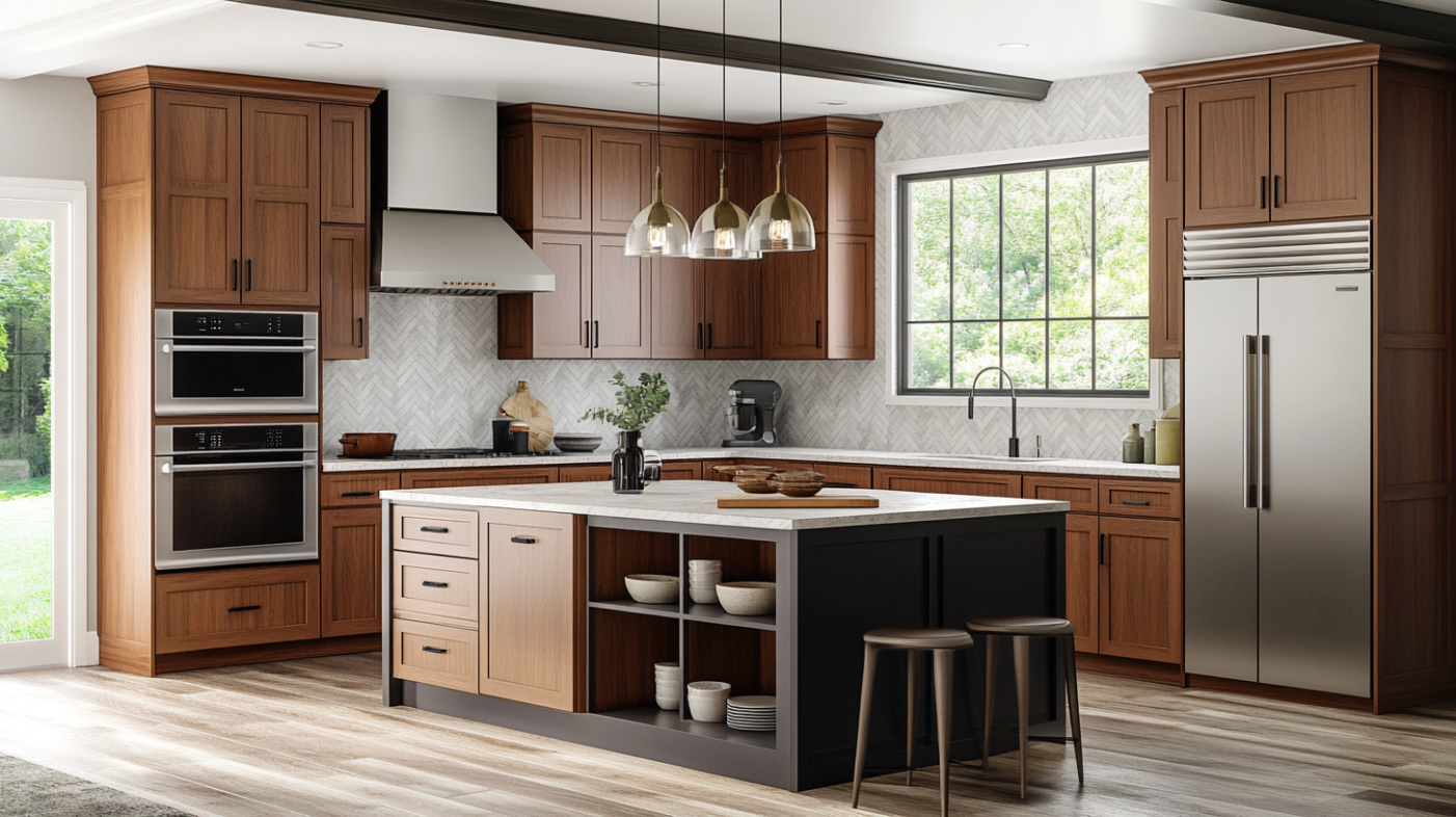Busy kitchen scene featuring durable cherry wood cabinets