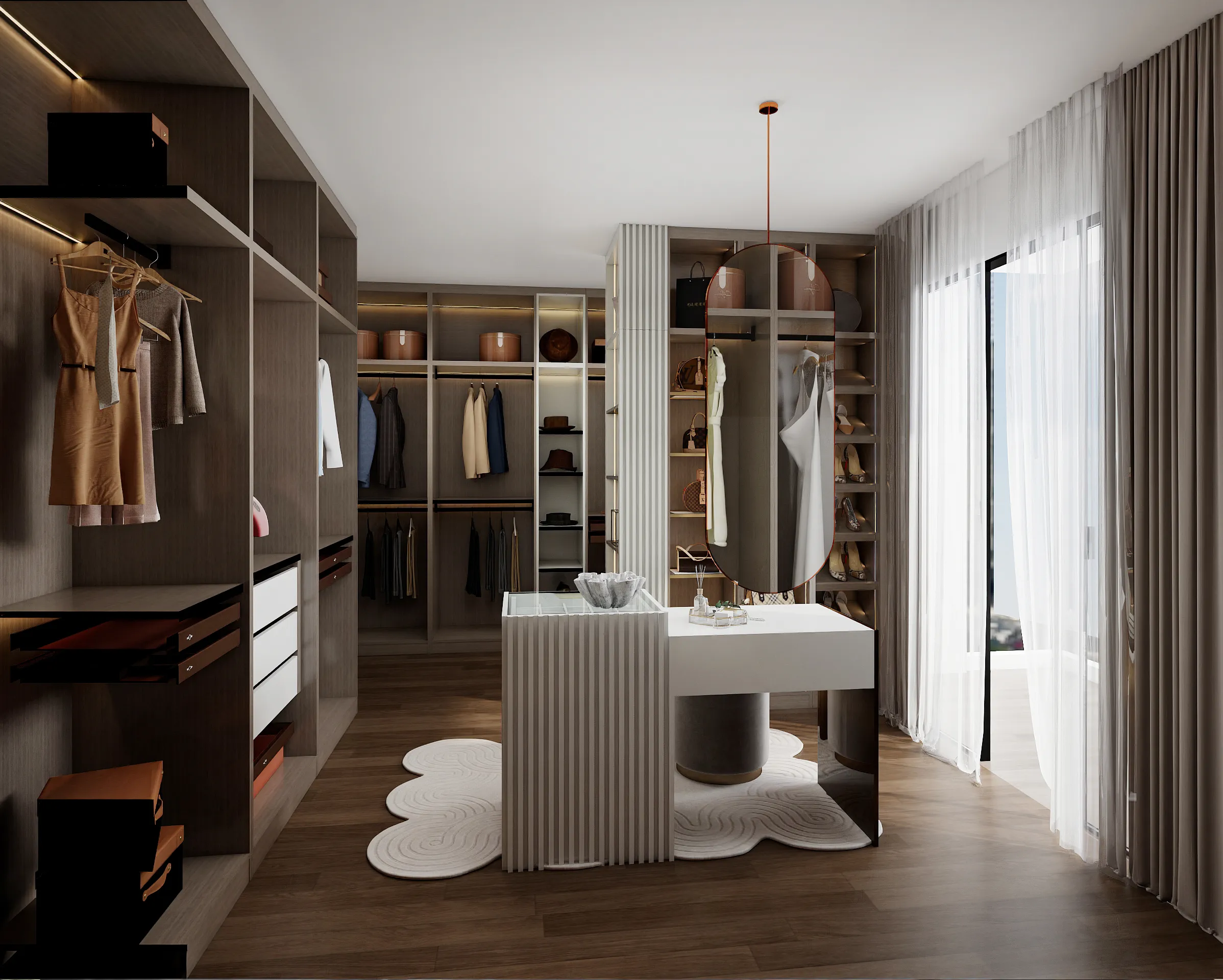 Elegant walk in closet with island storage and modern hanging mirror design