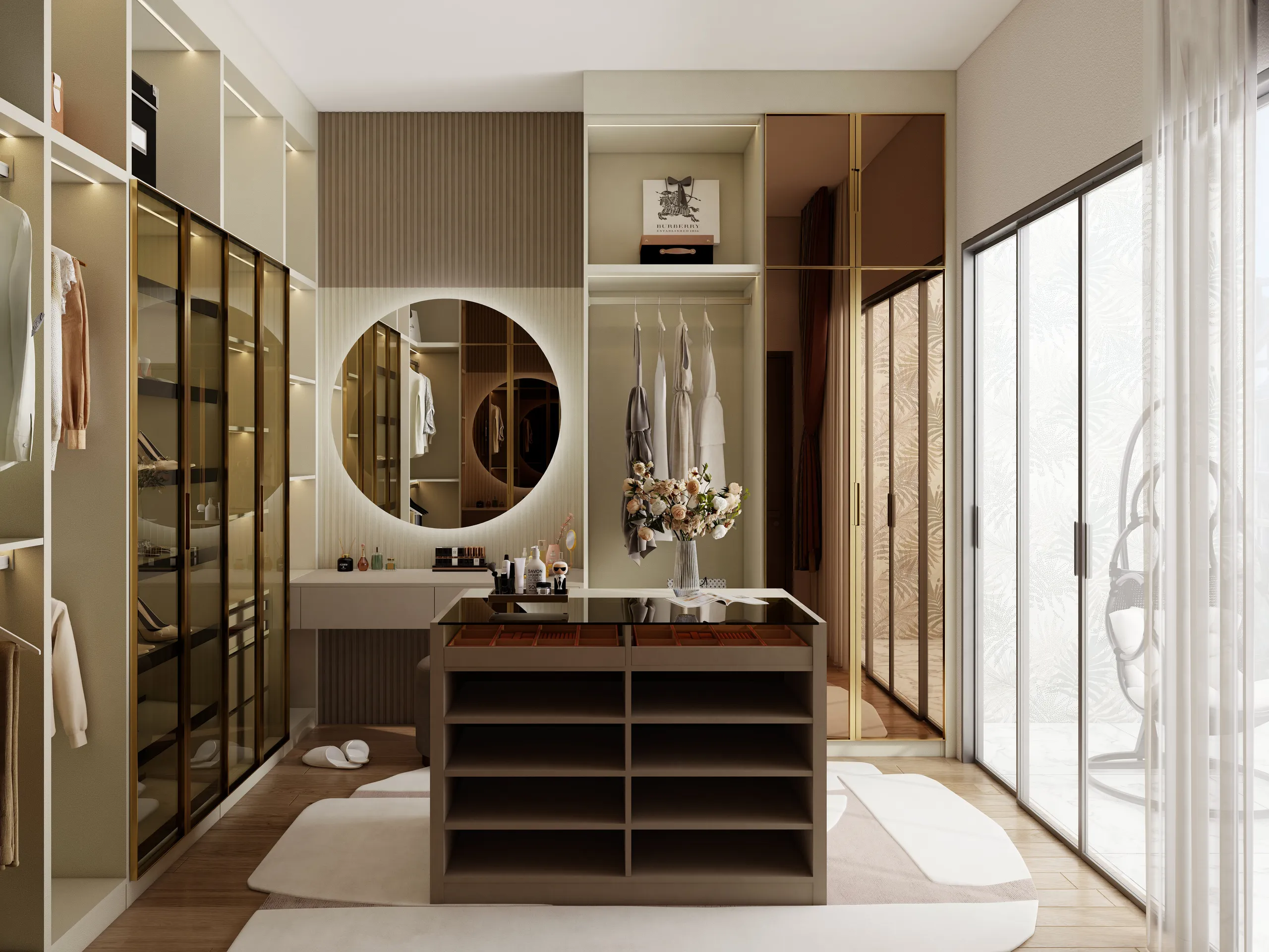 Luxury walk in closet with modern design featuring round mirror island storage and elegant glass fronted cabinets