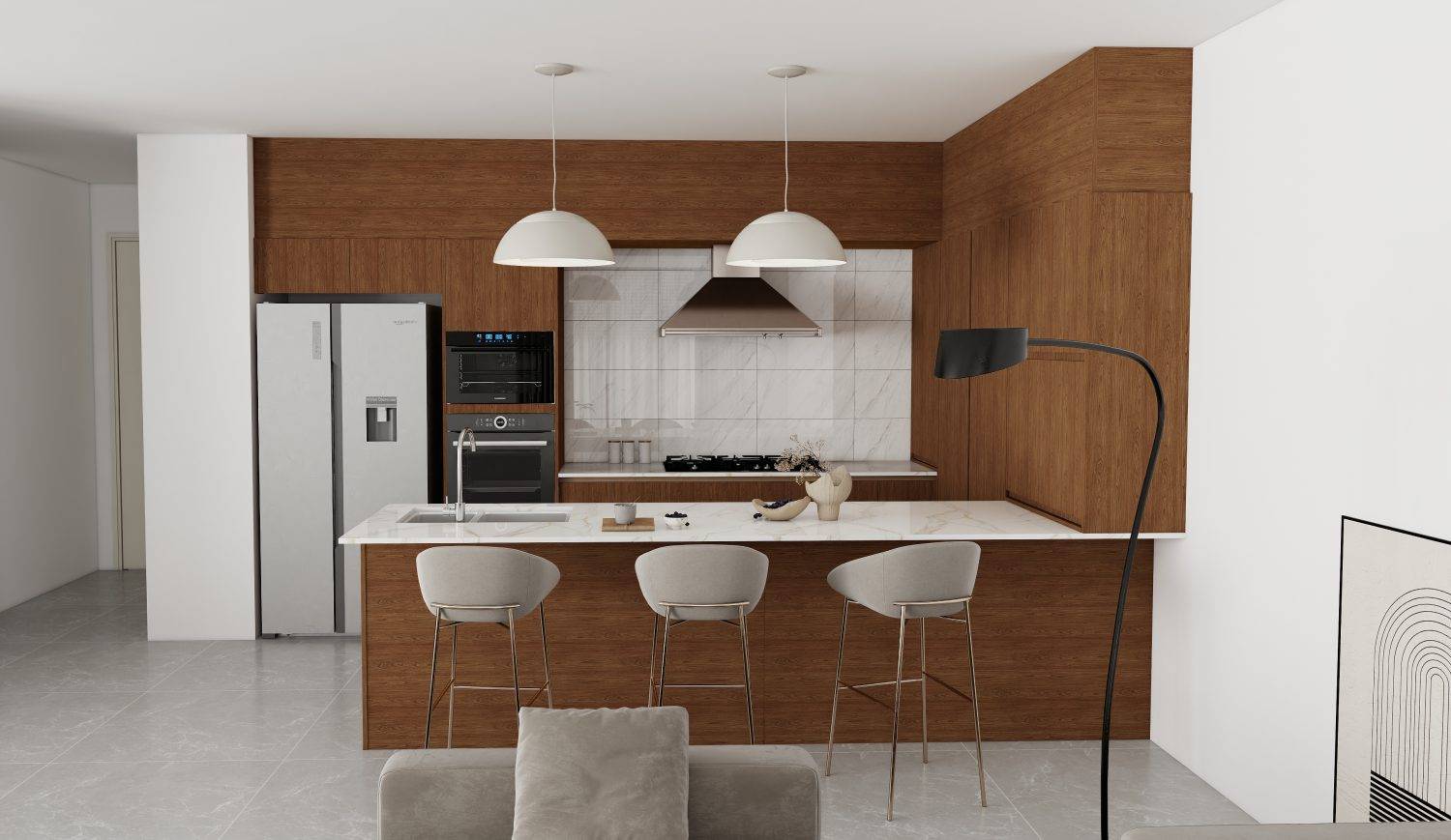 Modern Cherry Kitchen Cabinets Modern kitchen interior with cherry wood cabinets in warm tones