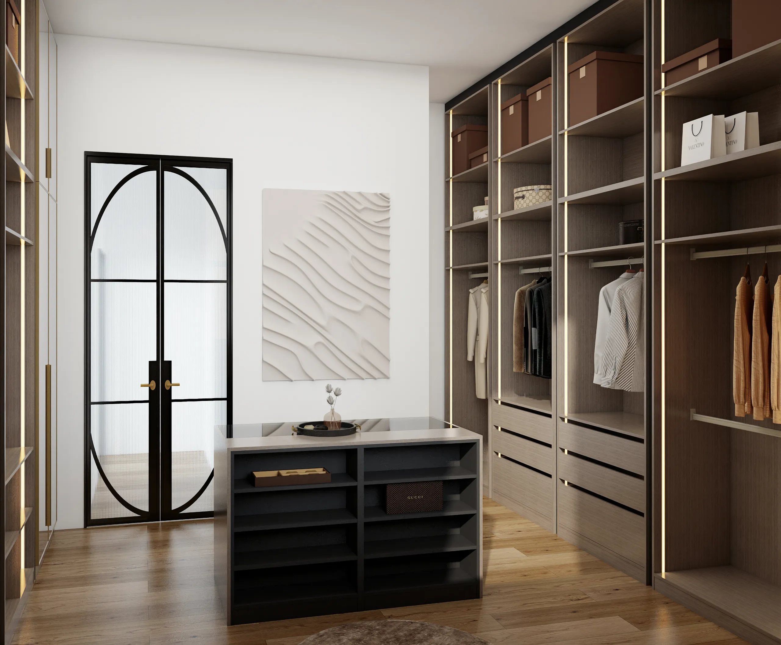 Modern walk in closet with island storage and elegant shelving design