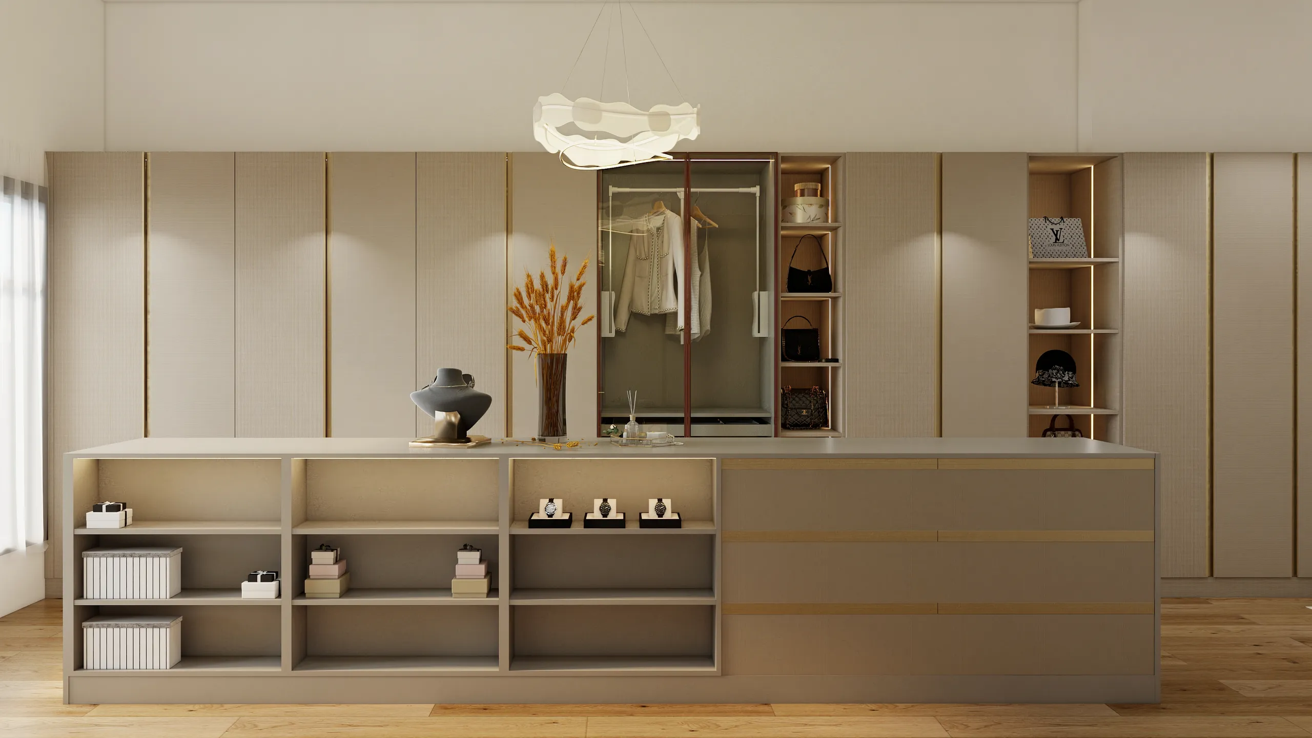 Modern walk in closet with island storage and elegant shelving for accessories