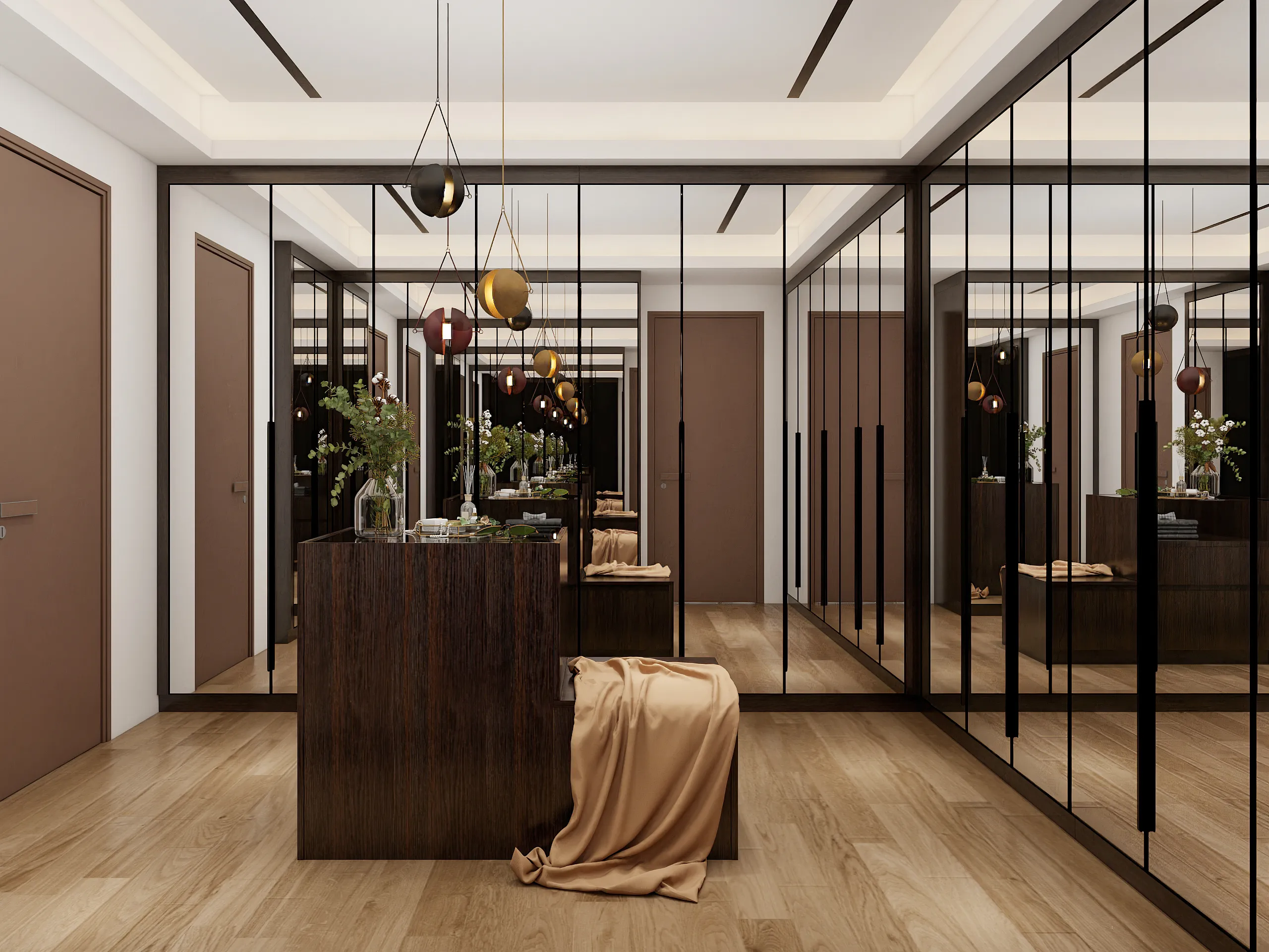 Modern walk in closet with mirrored cabinets and stylish island storage