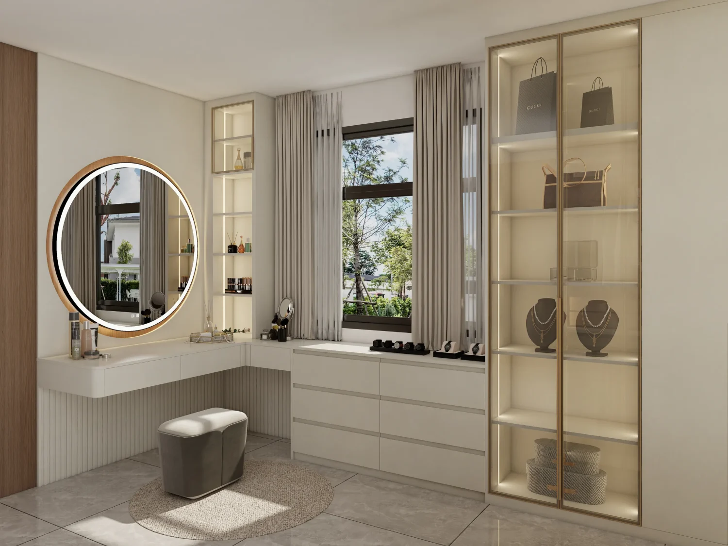 Modern walk in closet with round mirror sleek shelving and elegant display for accessories