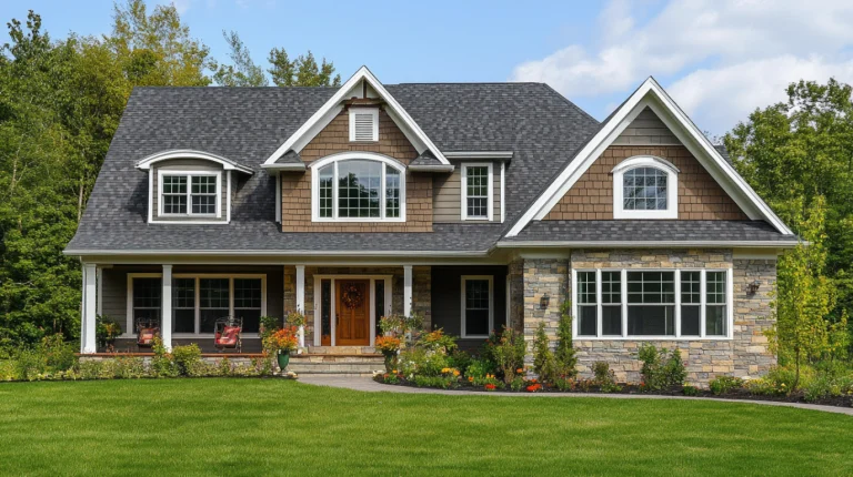 New construction home with large windows, featuring a traditional architectural design and stone exterior.