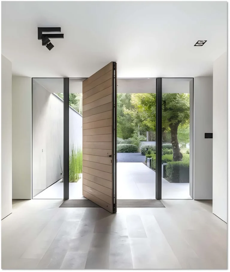 Puerta de entrada pivotante moderna de lujo con un elegante acabado de madera, rodeada de paneles de vidrio de piso a techo, que ofrece una estética elegante y contemporánea.