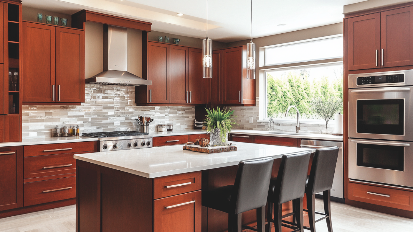 Stylish kitchen with modern cherry wood cabinets and minimalist hardware