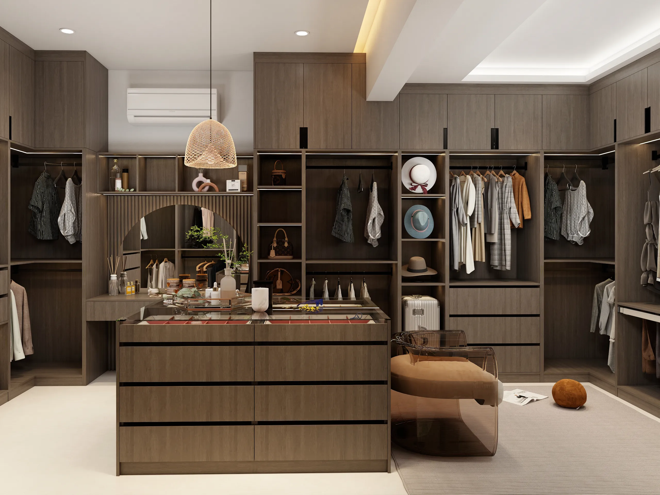 Spacious walk in closet with island storage and modern design elements