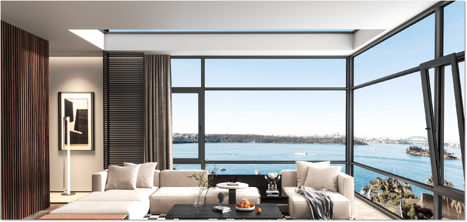 Modern black aluminum Tilt-and-trun-window and picture-window in the hotel