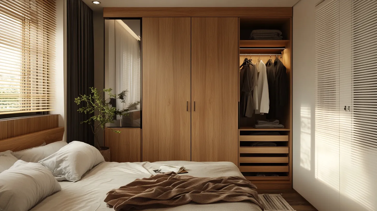 Tiny bedroom with open hinge wardrobe