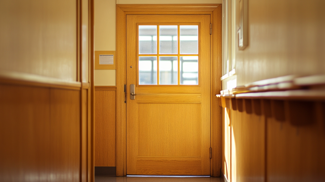 a wood classroom door with window