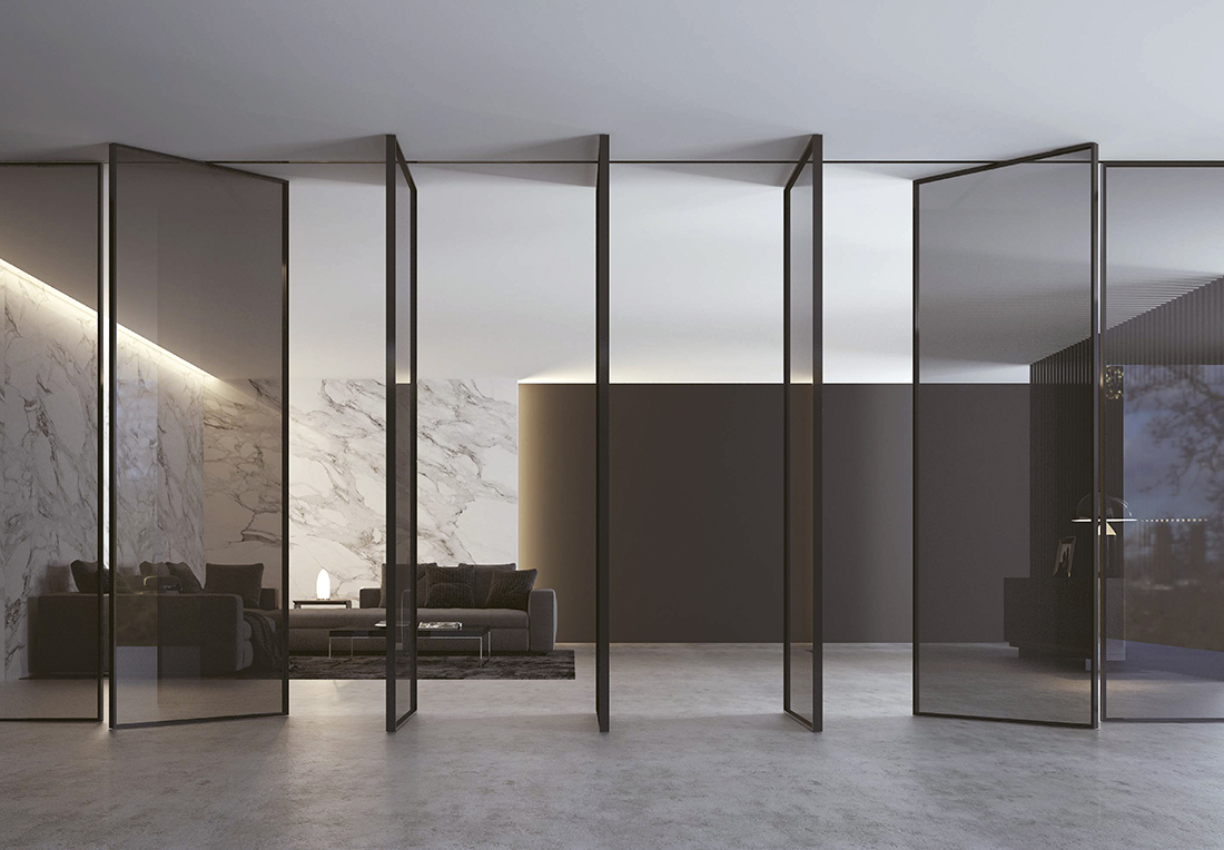 Aluminum pivot doors for the art gallery.