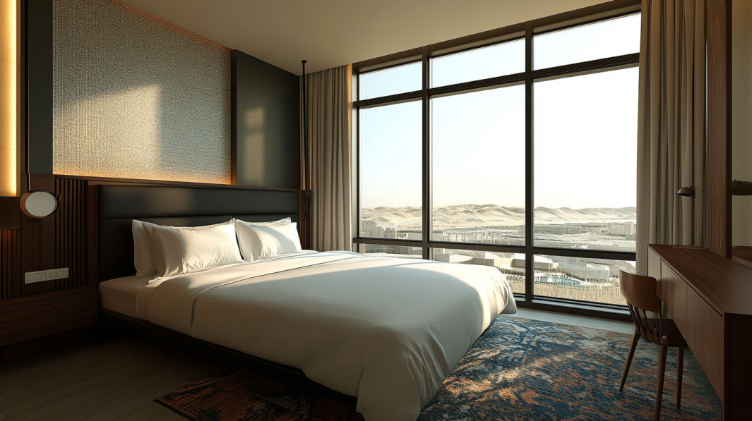 Modern bedroom featuring floor-to-ceiling windows and a desert dune panorama