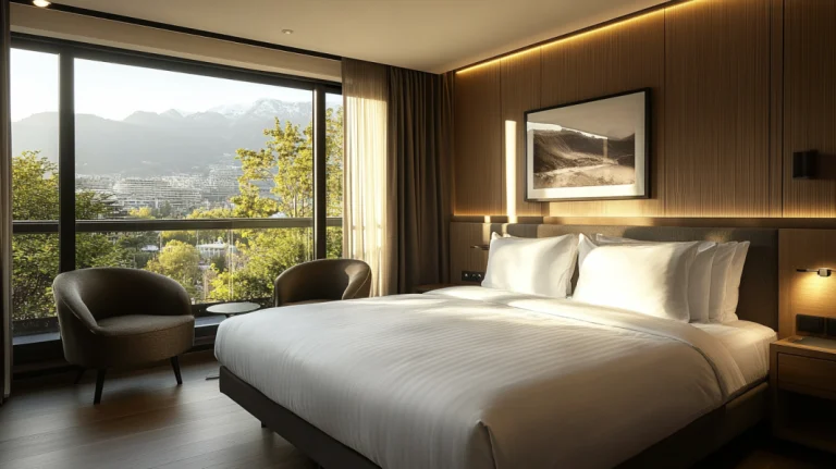 Modern bedroom with large energy-efficient window and a scenic mountain view