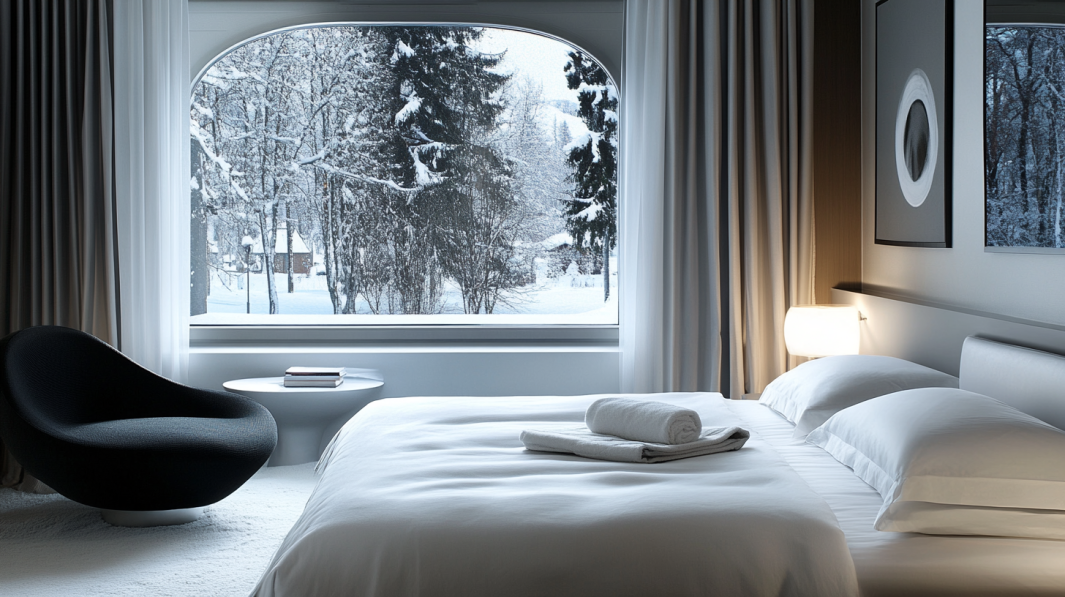 Bedroom interior with a large arched window overlooking a snowy landscape