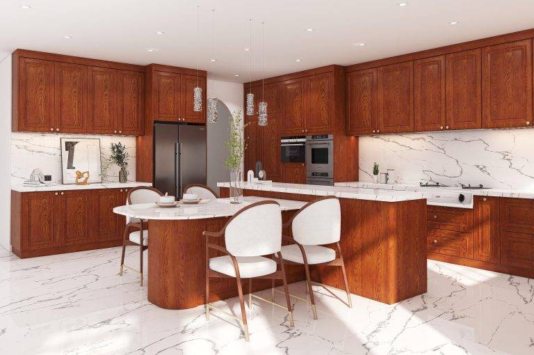 Luxury cherry wood kitchen cabinets with quartz countertops