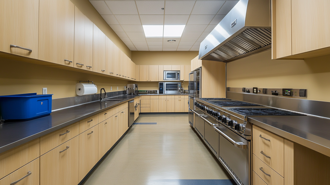 Large commercial kitchen featuring maple cabinets for budget-friendly projects