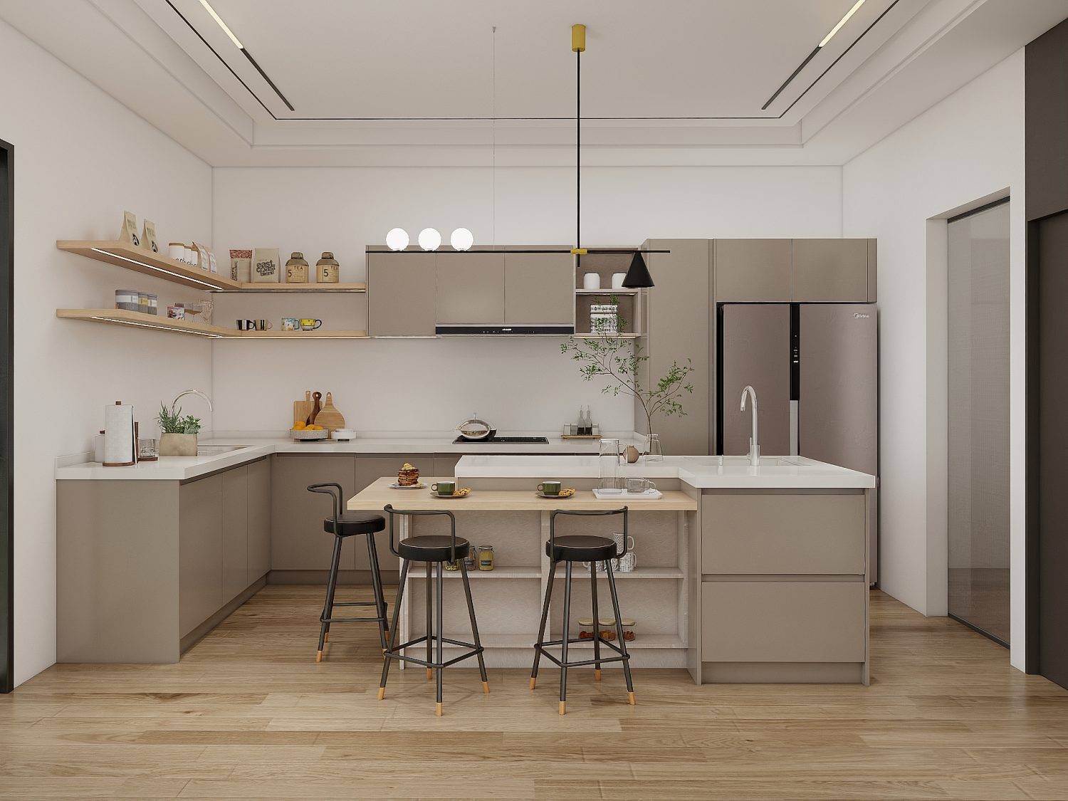 Light cabinets with gold hardware illustrating custom kitchen cabinets cost