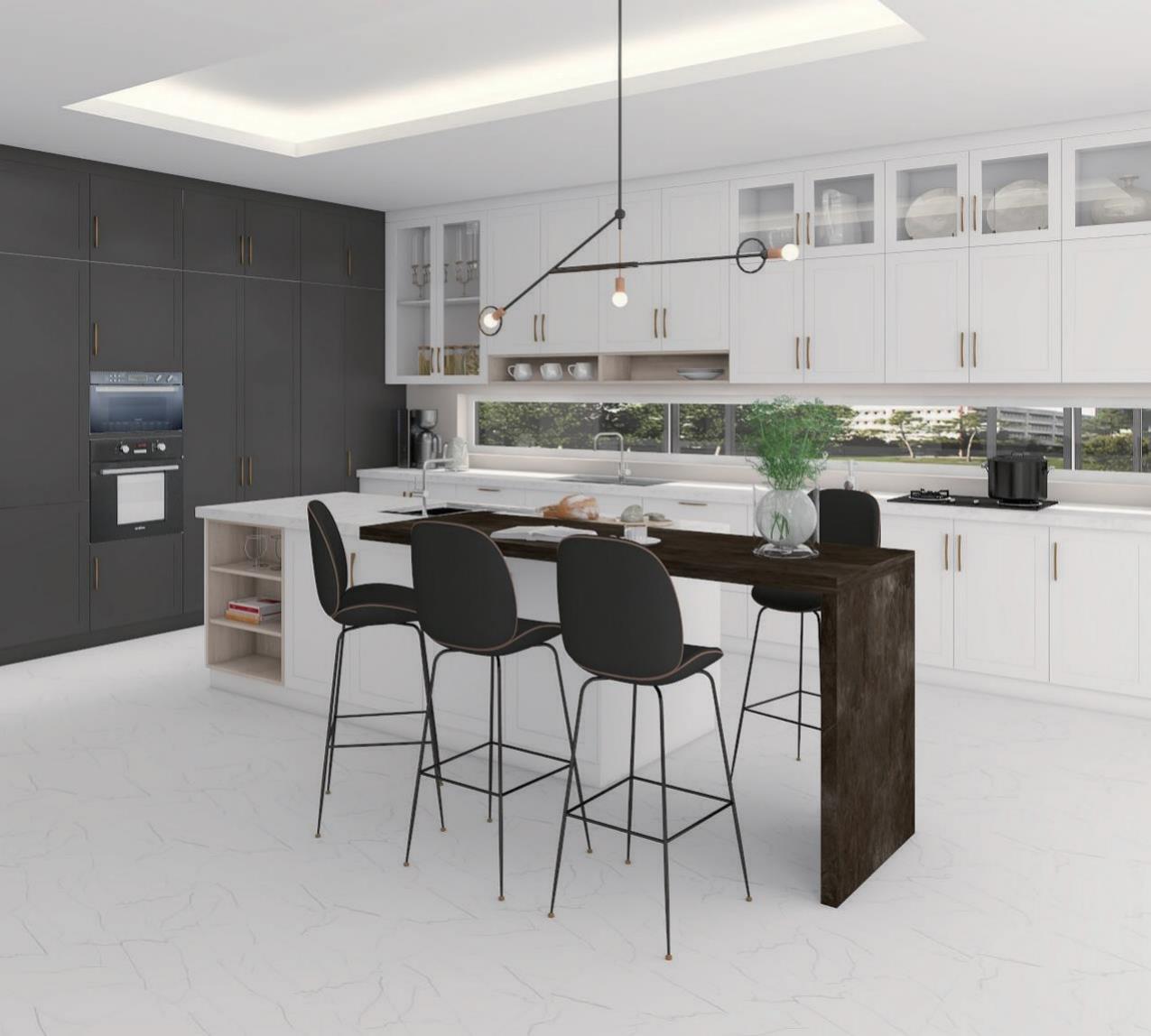 A custom RTA kitchen with dual-tone cabinets and contemporary design