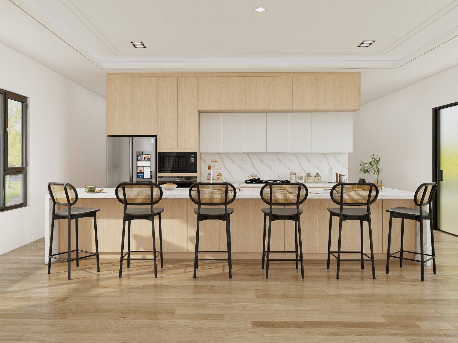 Maple kitchen cabinets customized to fit a unique, bespoke kitchen layout