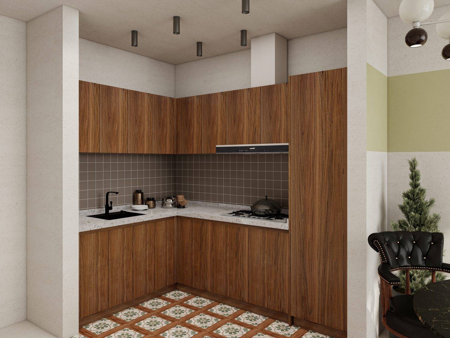 L-shape dark wooden kitchen cabinets for small space