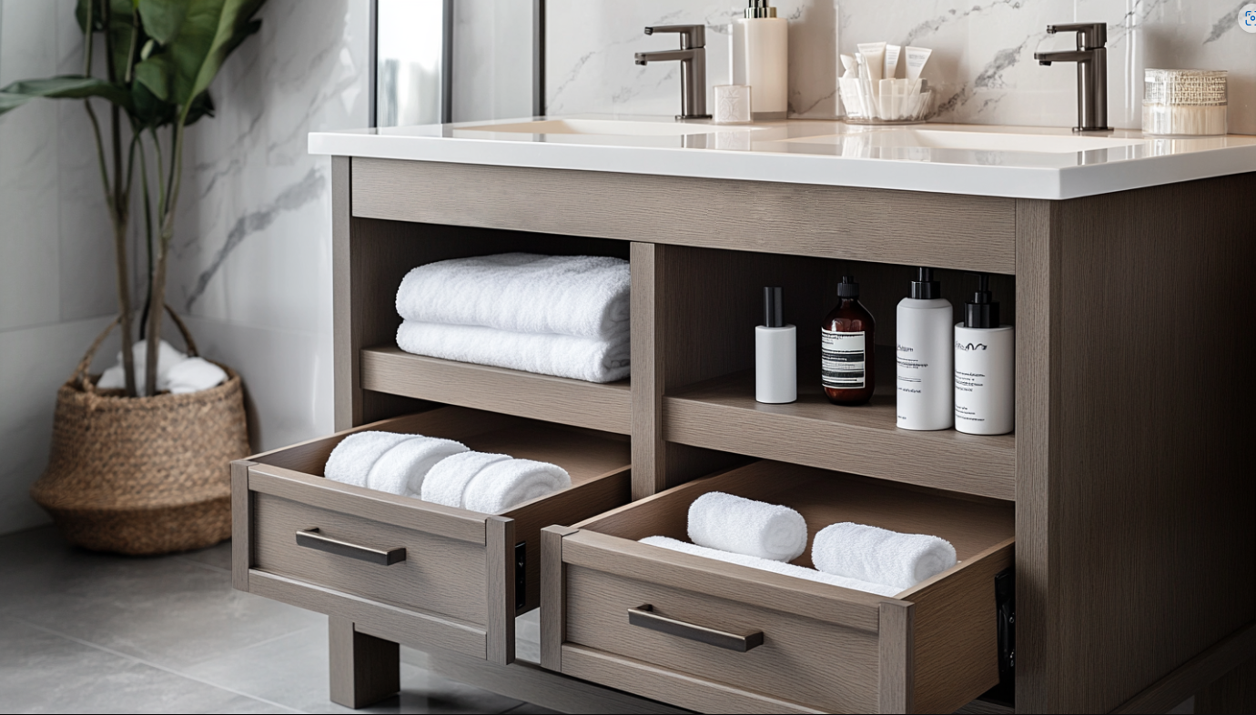 Hotel bathroom vanity with ample storage and organization