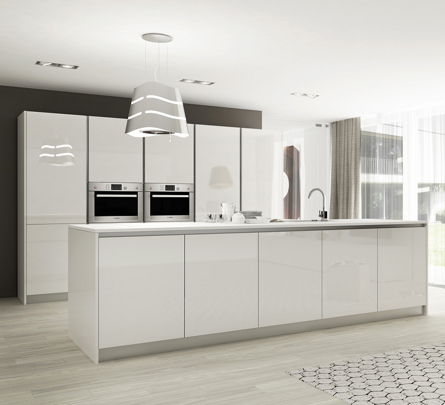 A minimalistic kitchen featuring sleek white RTA cabinets and modern design elements