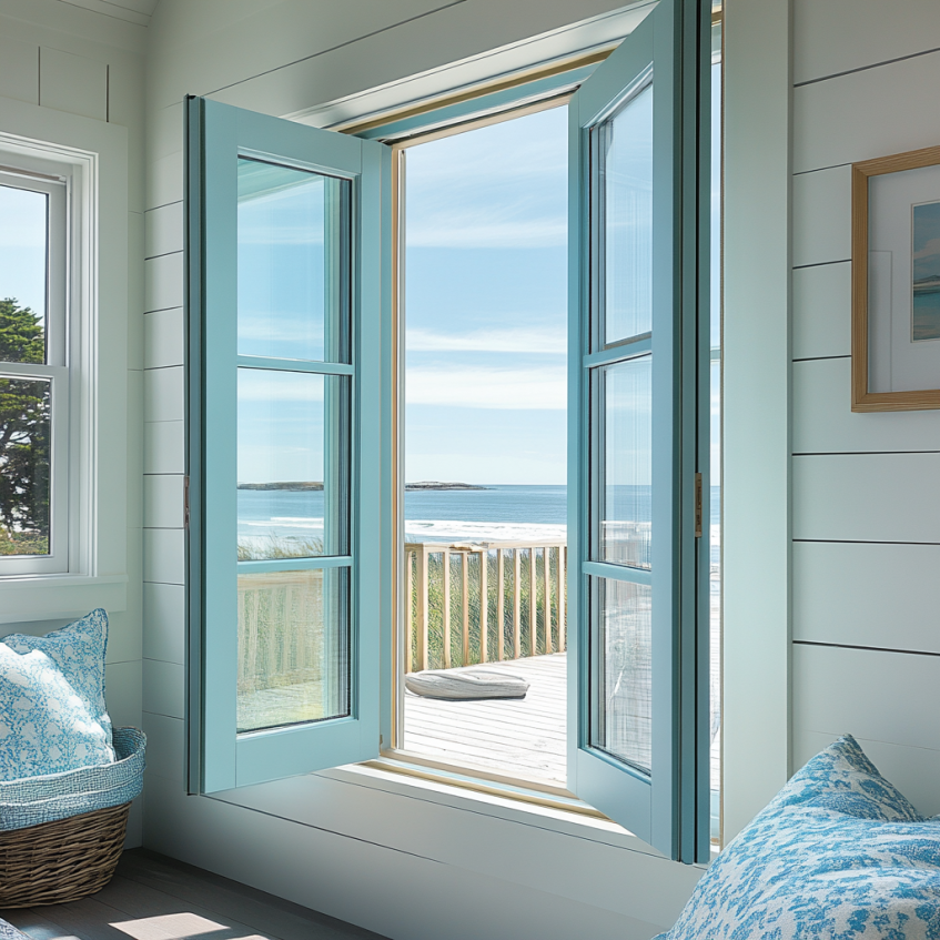 light blue framed wood swing window design ideas in the house