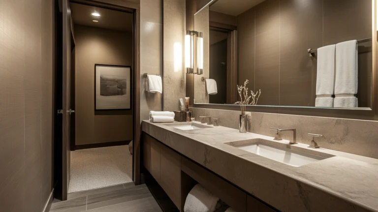 Modern hotel bathroom vanity with sleek design and lighting
