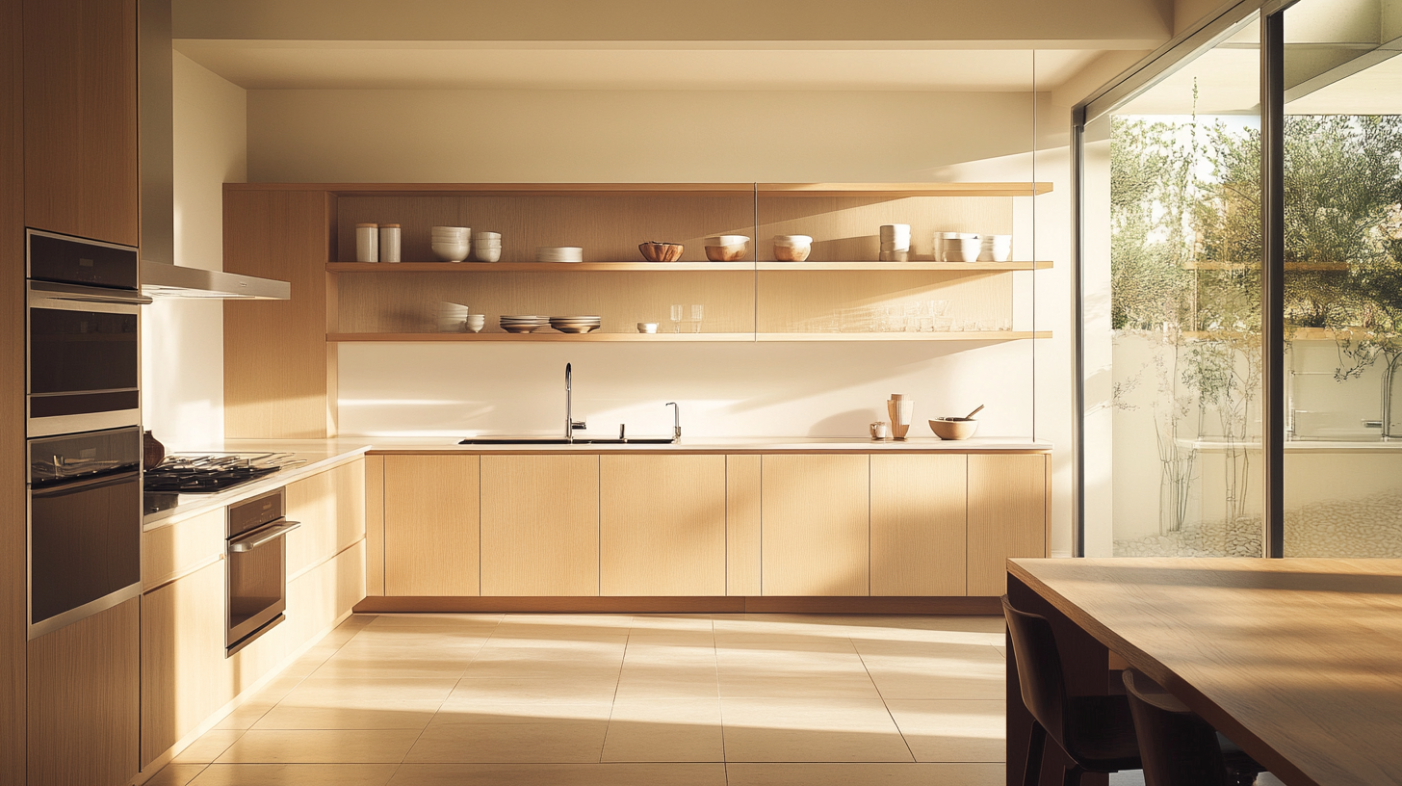 A clean and easy-to-maintain kitchen with maple wood cabinets