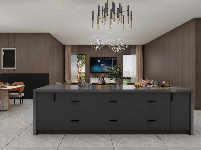 Sleek black cabinets showing custom kitchen cabinet cost example